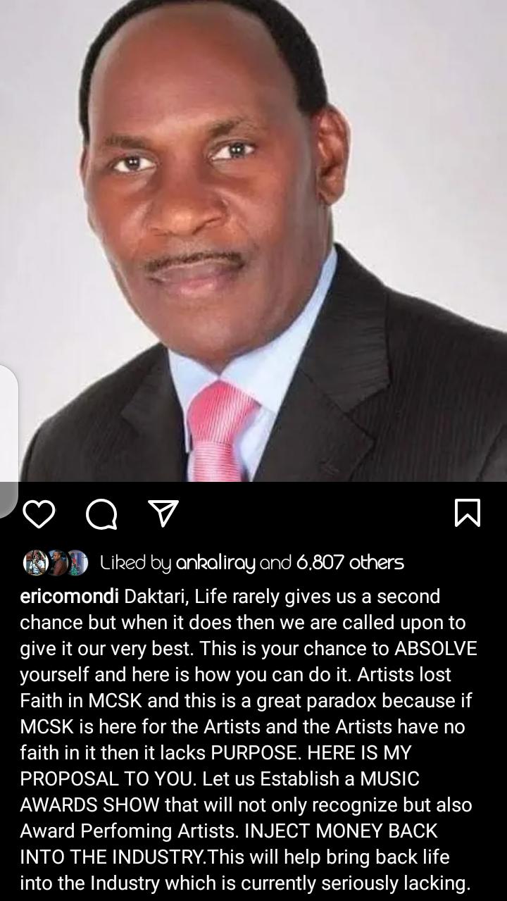 'Artists Have Lost Hope'- Eric Omondi Pens Proposal To MCSK Boss Ezekiel Mutua (Screenshot)