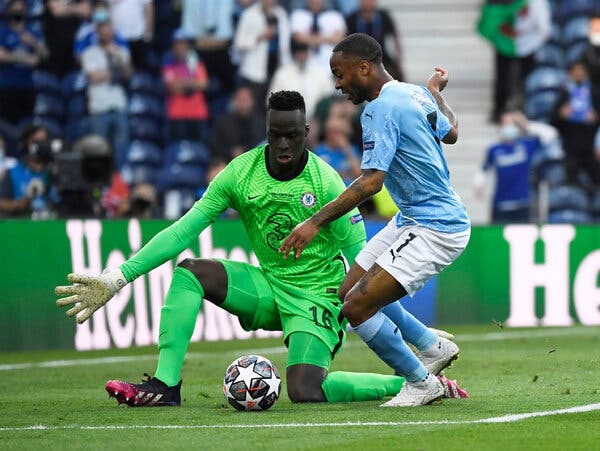 Raheem Sterling’s early chance was thwarted by Edouard Mendy.
