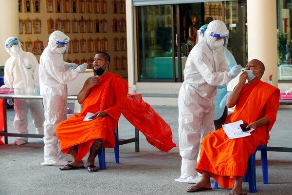 Buddhist monks were tested at a temple in Bangkok after a monk there died of Covid-19.