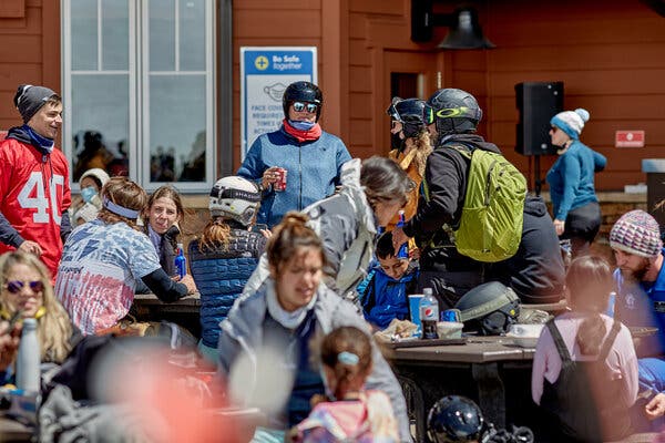 Skiers hanging out at Breckenridge Ski Resort in Breckenridge, Colo., on Sunday.