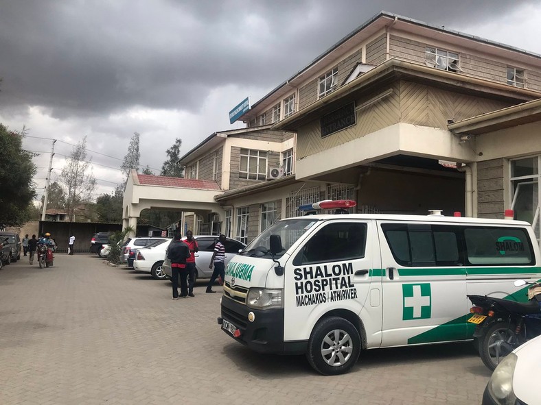 An ambulance parked outside the entrance to Shalom Hospital Athi River 