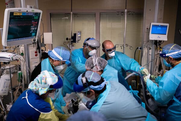 Medical staff working on a patient in the Covid-19 I.C.U. ward at Houston Methodist Hospital in Texas in July 2020.
