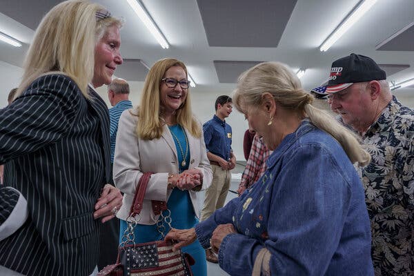 State Senator Amanda Chase, a firebrand who was censured by fellow lawmakers and has visited former President Donald J. Trump’s Mar-a-Lago resort, hoping for an endorsement, with supporters in Remington, Va.