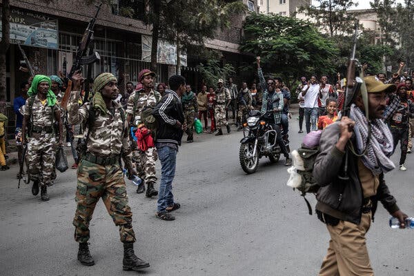 Celebrating the arrival of rebel Tigray Defense Forces in Mekelle, the regional capital, on Tuesday.