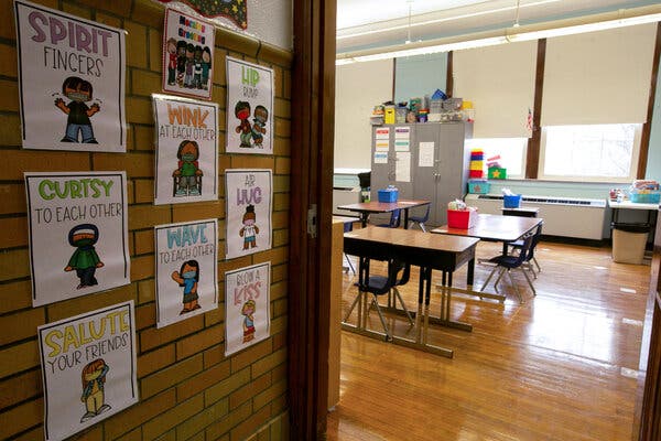 A classroom that has been arranged to accommodate coronavirus protocols in Louisville, Ky., in March.