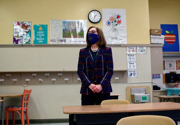 Gov. Kate Brown of Oregon visited Sitton Elementary School in Portland in March.