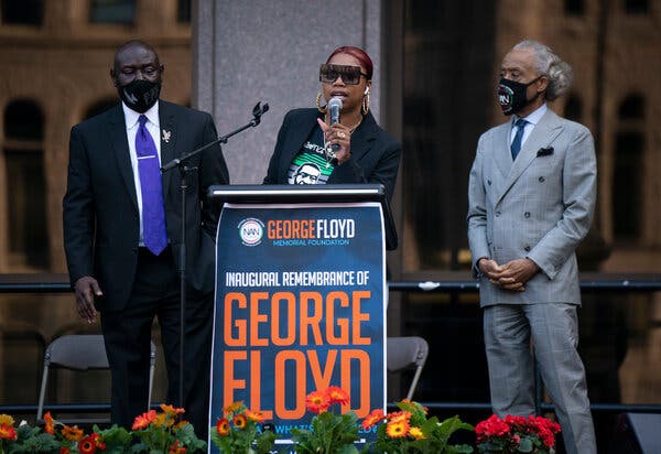 George Floyd's sister, Bridgett Floyd, addressed a rally in downtown Minneapolis on Sunday. President Biden plans to meet several of Mr. Floyd’s family members at the White House on Tuesday.