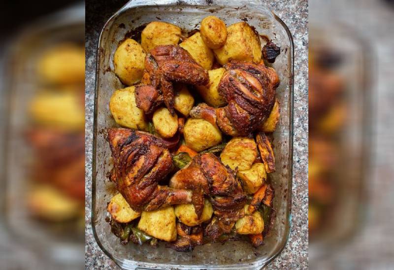 Roast potatoes with spicy chicken Eve woman