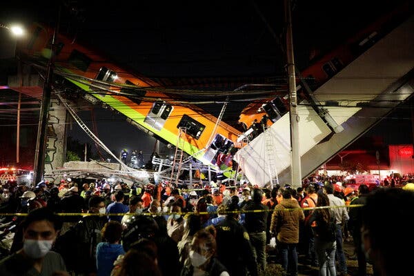 An unknown number of people were trapped in the train wreckage in Mexico City, officials said.