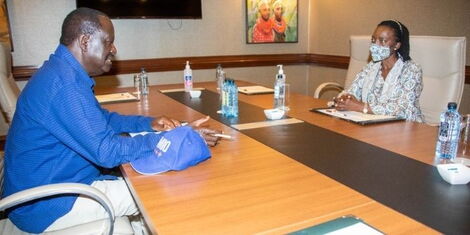 Raila Odinga (left) and Martha Karua at Serena Hotel, Nairobi on Wednesday, March 23, 2022..jpg