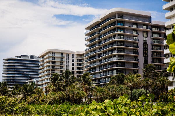 Champlain Towers North, second from right, among other high-rise condominiums in Surfside, Fla. Potential condo buyers are asking questions about the structural safety of units for sale following the collapse of its sister building, Champlain Towers South.