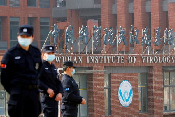 Security personnel outside the Wuhan Institute of Virology in China during the visit by the World Health Organization in February.