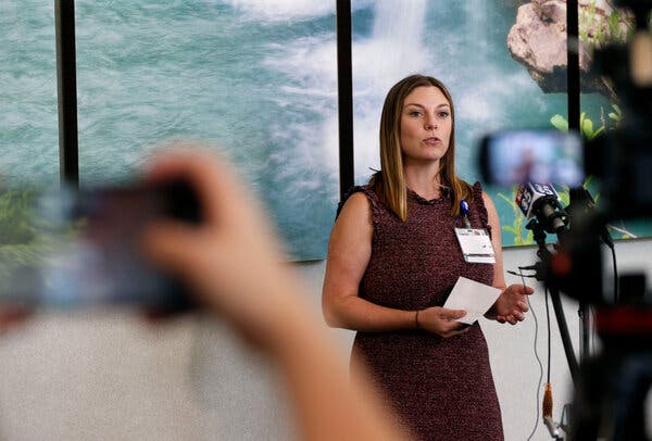 Ashley Casad, vice president of clinical services at CoxHealth, at a news conference in Springfield, Mo., on Tuesday. “The staff is exhausted and overwhelmed,” she said on Friday.