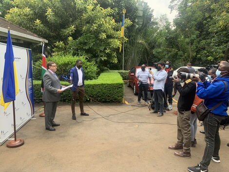 Ukraine's ambassador to Kenya Andrii Pravednyk Addressing the media on Thursday February 24, 2022 in Nairobi