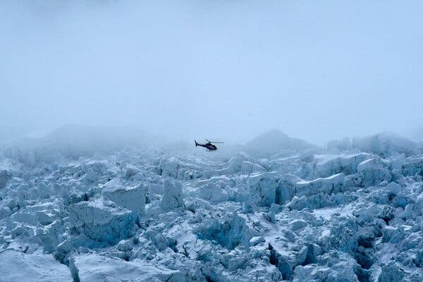 A helicopter over the Khumbu glacier, en route to the Everest base camps this month.