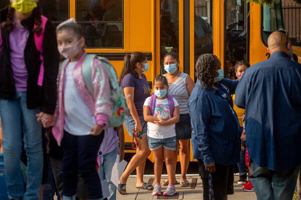 Students at Normont Elementary on the first day of school in Los Angeles on Aug. 16.