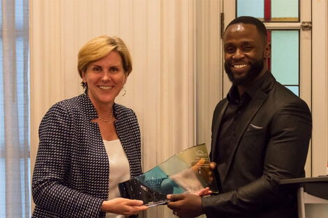 Trace International CEO Alexandra Wrage (left) presents Africa Uncensored'smJohn Allan Namu Trace International’s 2019 prize for investigative reporting on June 29, 2019.