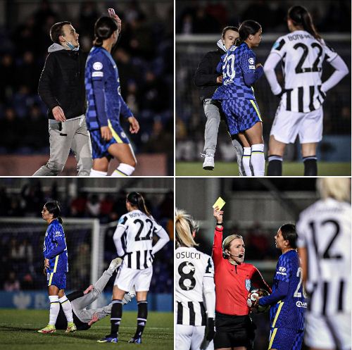 Chelsea striker Kerr takes out a pitch invader with a bump