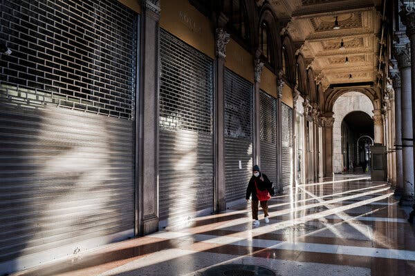 Shuttered storefronts in Milan last month. Extended lockdowns across Europe have slowed economic growth.