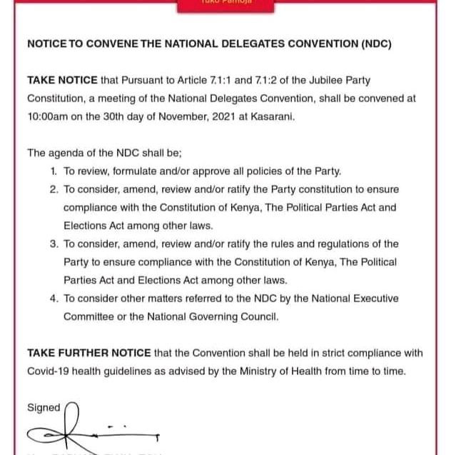Uhuru’s Jubilee Finally Announces NDC At Kasarani On 30th November