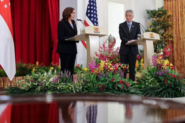 Vice President Kamala Harris and  Prime Minister Lee Hsien Loong of Singapore holding a news conference in the Southeast Asian nation on Monday.