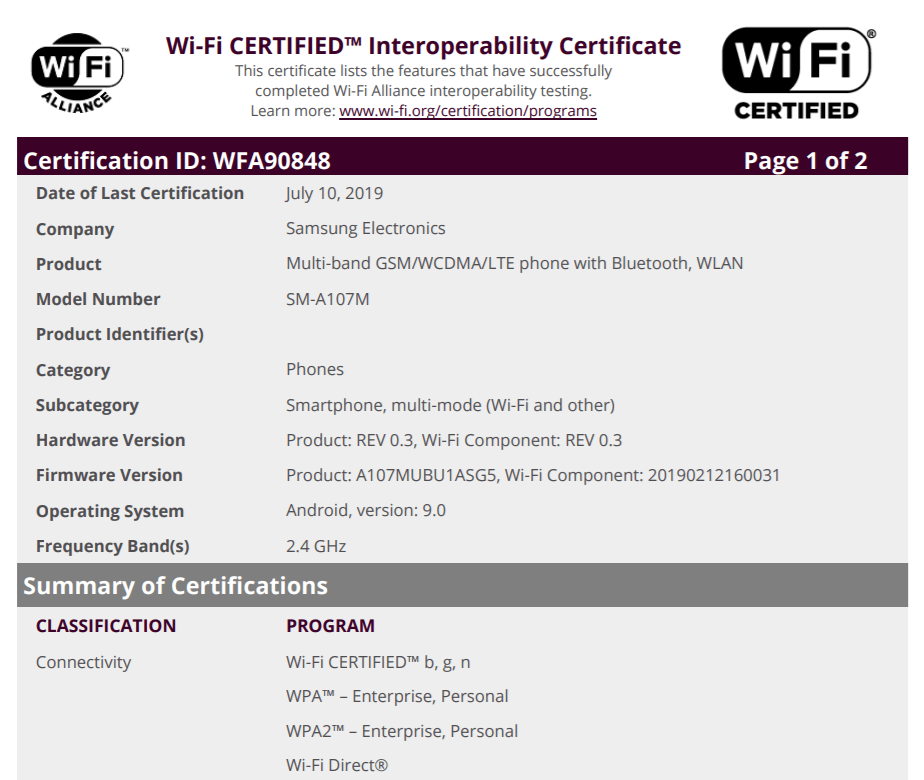 Another Samsung Galaxy A10s variant picks up Wi-Fi Alliance certification