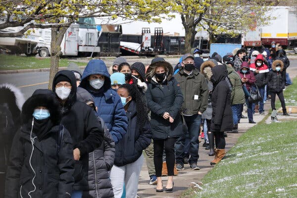 Lining up for Covid-19 vaccines in Toronto in April.