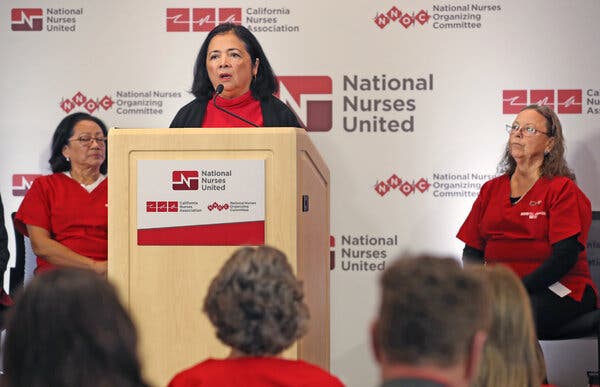 Bonnie Castillo, executive director of National Nurses United, last year in Oakland, Calif. Ms. Castillo is condemning the Centers for Disease Control and Prevention’s lifting of mask recommendations for vaccinated people.