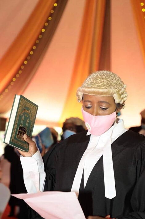 Sports CS Amina Mohamed taking an oath as she is admitted to the Bar on July 3, 2020.