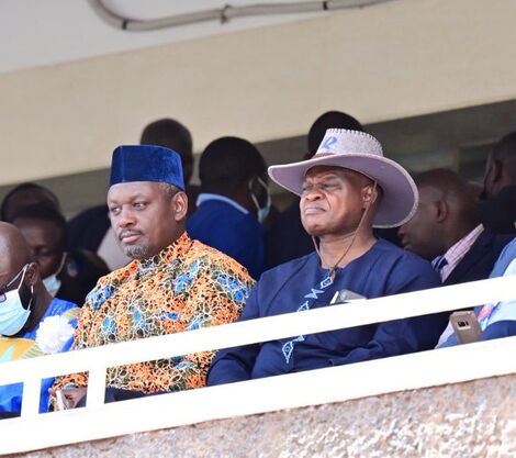 Rarieda MP Otiende Amollo (left) and Kisii Deputy Governor Joash Maangi (right) at Azimio la Umoja rally at Kasarani Stadium, on Friday, December 10, 2021