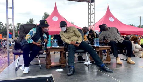 Interior Principal Secretary Karanja Kibicho and Kirinyaga Woman Representative Wangui Ngirici in Kirinyaga on Friday, September 10, 2021