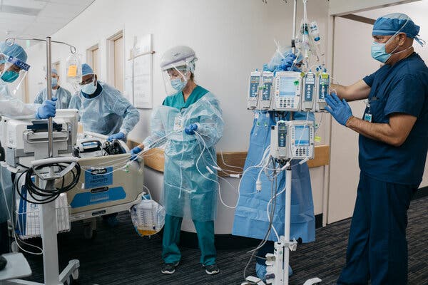 The I.C.U. at Providence Saint John’s Health Center in Santa Monica, Calif., last month. Vaccinated people are far less likely to become severely ill or to die from Covid-19.