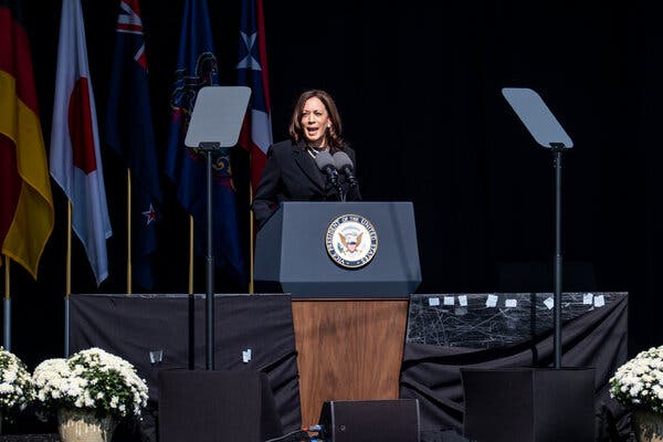 Vice President Kamala Harris speaking at the Flight 93 Memorial near Shanksville, Pa., on Saturday.