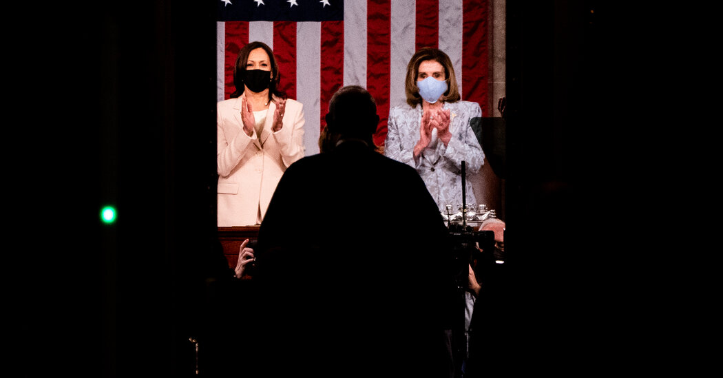 Harris and Pelosi Are First Women Behind a President at Joint Session