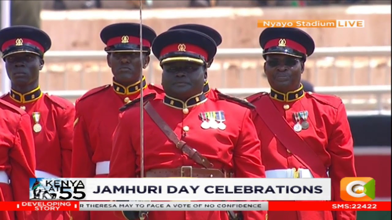 Full 17 Battalion Kenya Rifles trooping the colour at 55th Jamhuri Celebrations