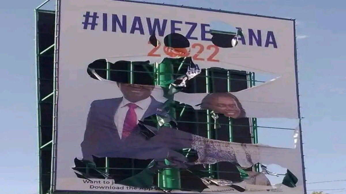 A campaign billboard displaying the images of Azimio la Umoja presidential candidate Raila Odinga and his DP Karua vandalized in Bomet County